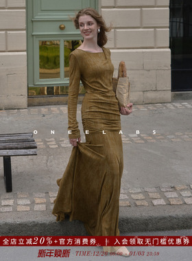 ONEELABS 秋冬美拉德色系气质不对称捏褶正肩长袖上衣+半身裙套装