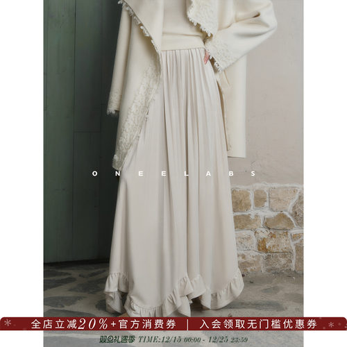 ONEELABS原创品牌 不规则花苞边设计 法式优雅丝绒压褶冬季半身裙