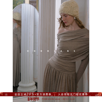 ONEELABS原创品牌 桑蚕丝/绵羊毛混纺 法式优雅斜肩针织连衣裙女