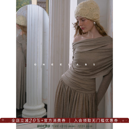 ONEELABS原创品牌 桑蚕丝/绵羊毛混纺 法式优雅斜肩针织连衣裙女