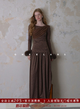 ONEELABS原创品牌 纸片人套装 狐狸毛袖口 针织T恤衫+垂感半身裙