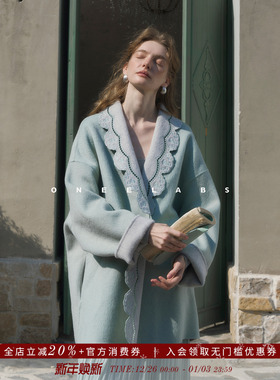 ONEELABS原创品牌 可两面穿 100%绵羊毛绣花领轻奢蓝色双面呢大衣