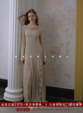 ONEELABS原创品牌 桑蚕丝/羊毛混纺 法式压褶插片飘带针织连衣裙