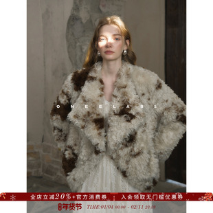 ONEELABS原创品牌 轻奢撞色环保卷毛皮草女宽松大翻领毛毛外套冬