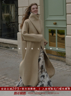ONEELABS原创品牌 100绵羊毛双面呢大衣 可立领翻领长款毛呢外套