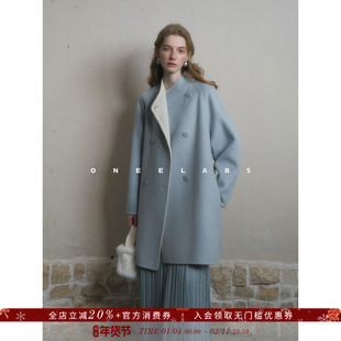 ONEELABS原创品牌 可双面穿 100绵羊毛蓝色双面呢大衣女毛呢外套