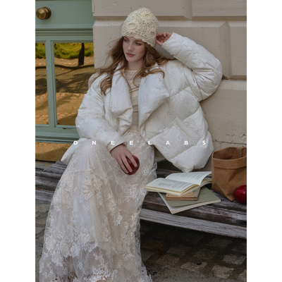ONEELABS原创品牌 90白鸭绒蕾丝刺绣羽绒服女白色立领保暖外套冬