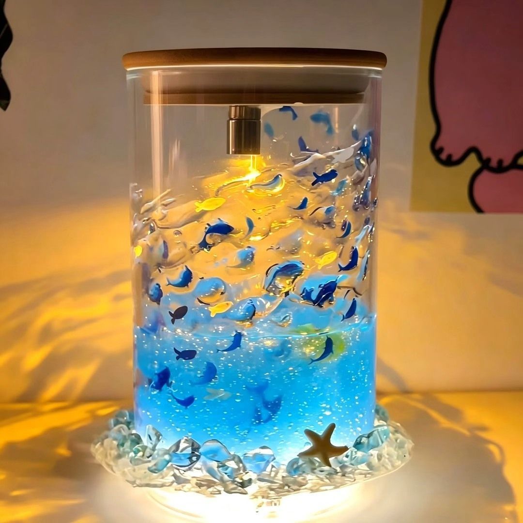 蓝色治愈系小鱼浮游杯发光小夜灯海底世界旋转夜灯diy手工礼物