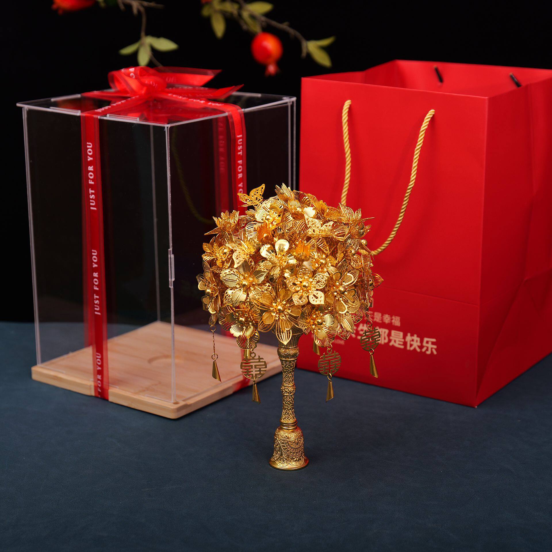 金色手捧花diy高级材料中式新娘秀禾服团扇新婚旗袍闺蜜权杖底座