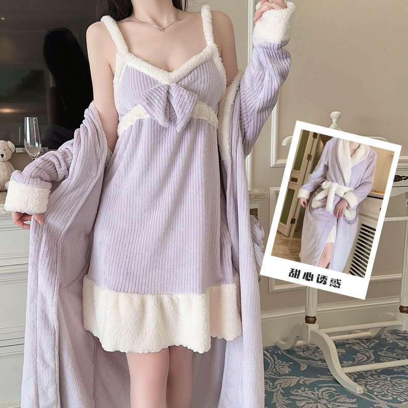 瑰若简约法兰绒睡衣甜美诱惑吊带睡裙深V开襟外袍家居套装RB004,女士内衣/男士内衣/家居服,睡袍/浴袍,淘宝优惠券,粉丝福利购,淘宝优惠卷