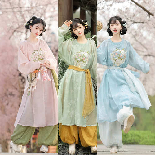 汉虞葵小桃仙原创汉服女唐制中国风刺绣圆领袍灯笼裤日常春夏款