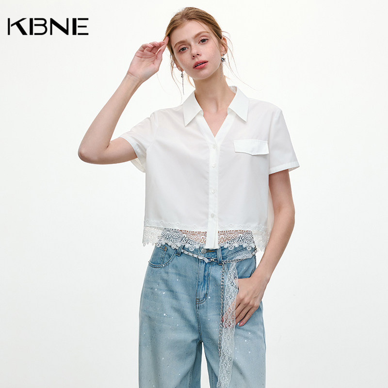 【廖廖粉丝专属】KBNE短袖衬衫女白色蕾丝学院风上衣女
