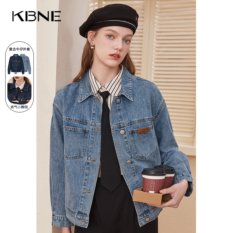 翻领+纽扣+口袋+纯色+牛仔