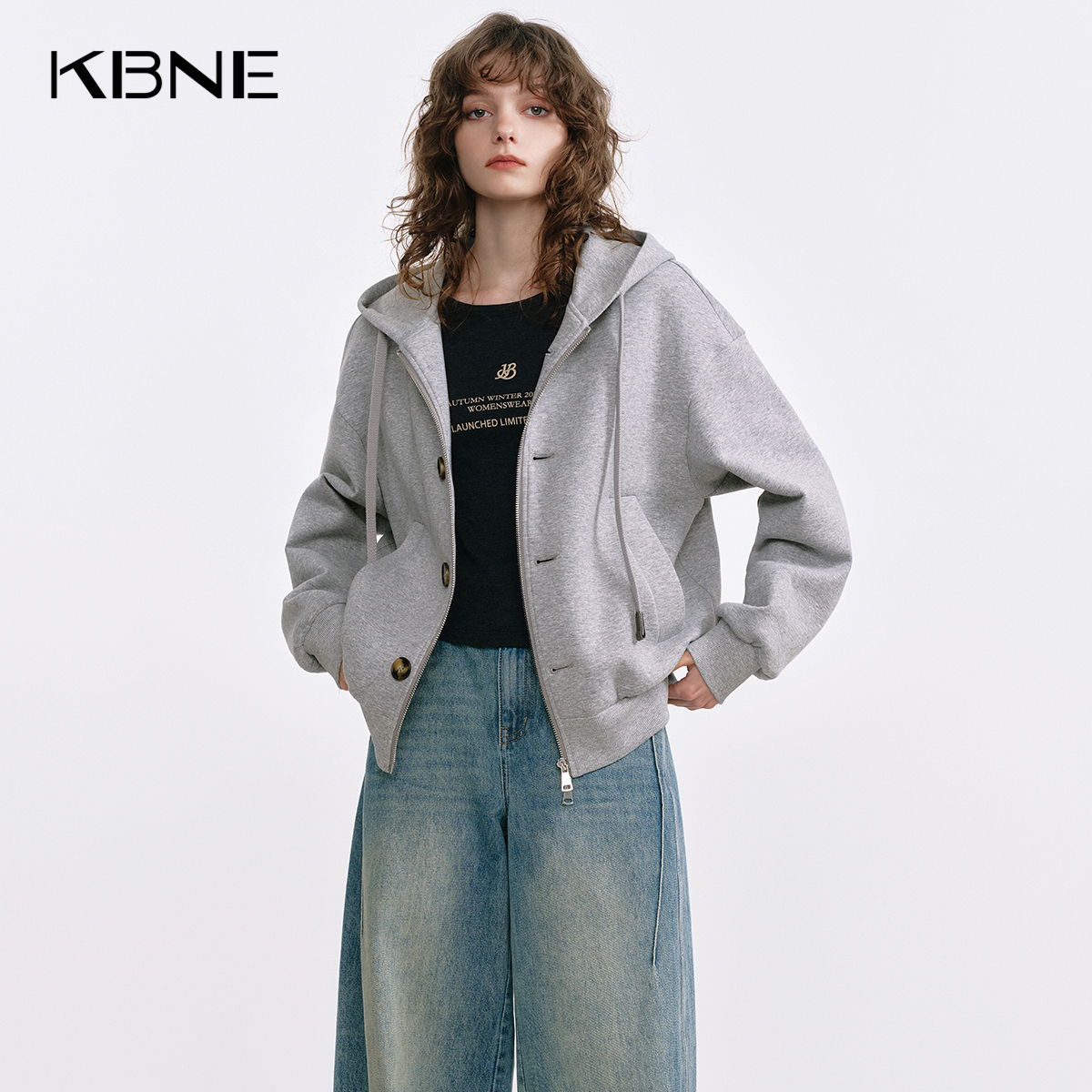 KBNE呼吸棉两穿针织连帽开衫25秋季新款灰色短外套女气质长袖上衣
