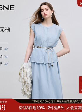 KBNE莱赛尔衬衫女淡蓝色无袖上衣2025夏季新款亚麻轻薄透气小衫女