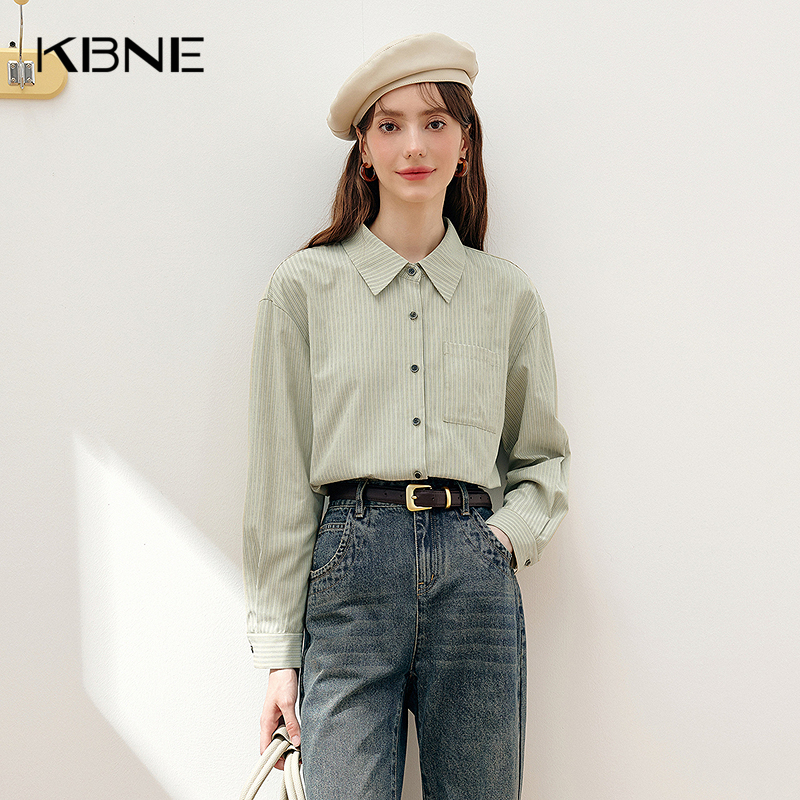 KBNE2025年新款条纹长袖衬衫气质别致漂亮开衫上衣翻领衬衣春秋女