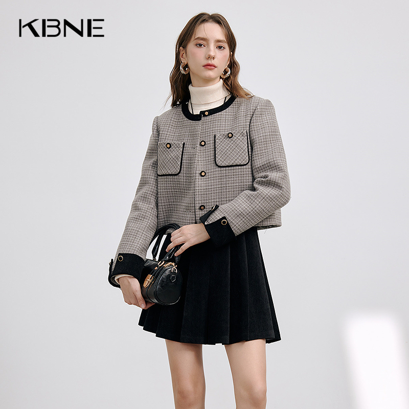 【90绒】小香风短款毛呢外套羽绒内胆KBNE新款小个子秋冬气质女装