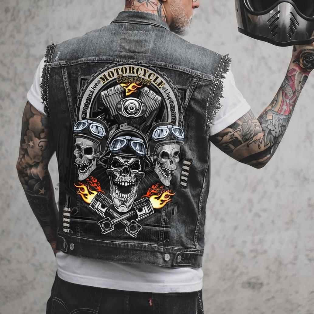 Men's denim vest 潮男牛仔马甲暗黑风骷髅骨头印花无袖百搭2025