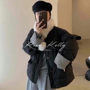 韩国东大门2025短款羽绒棉服女格子撞色高级感小个子围脖毛领外套