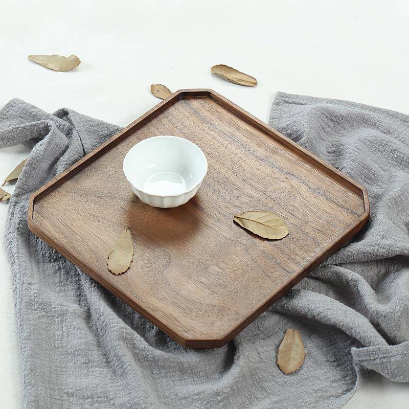 黑胡木桃木八角窄边托盘托托盘整干泡茶盘点心餐盘八边形实木茶盘