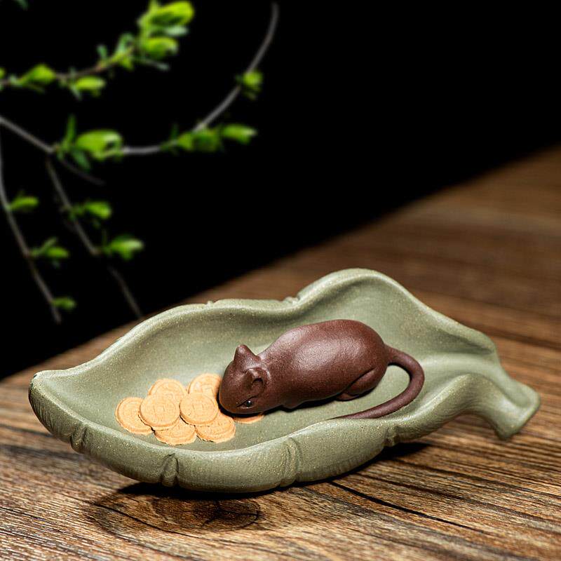 19BGSEK茶宠砂小可养紫叶子老鼠件生肖鼠夜摆夜数钱雕塑茶玩茶盘