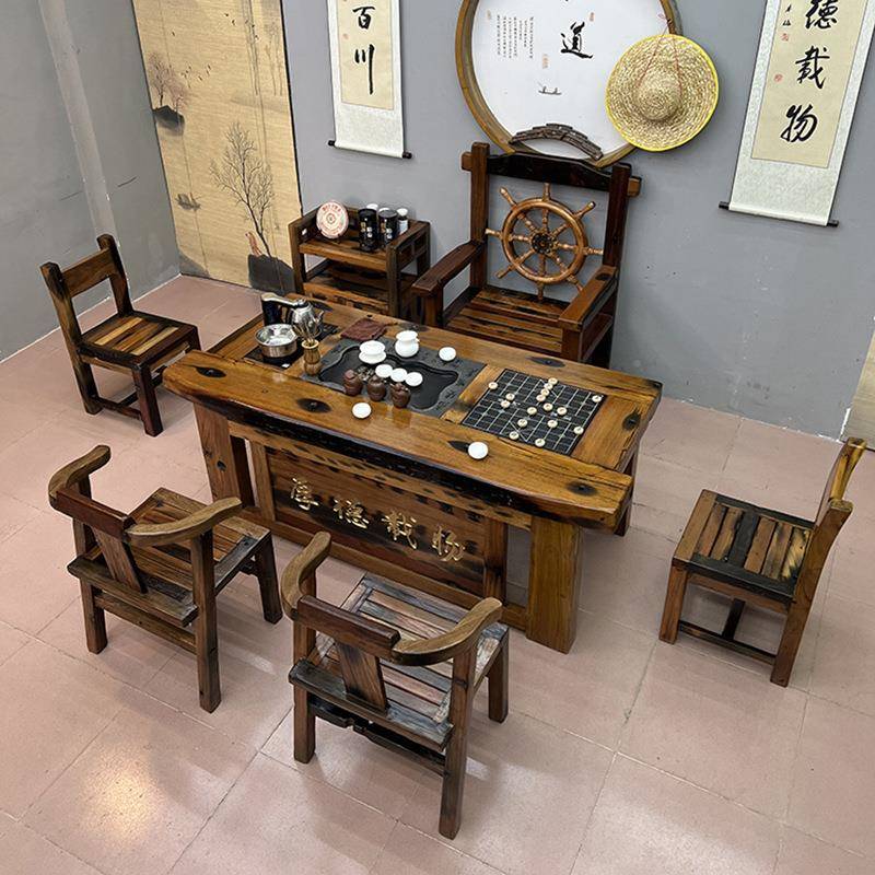 臺(tái)老船木實(shí)木茶椅組合家用中式古木典桌茶幾原辦公異行LMW茶客廳