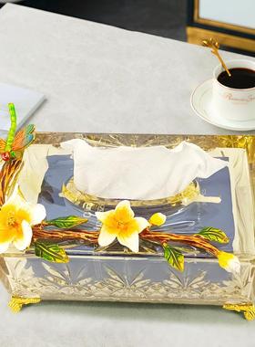 纸巾盒高轻奢纸巾珀盒客厅家档纳用创意纸抽盒美式玻璃电镀琥色抽