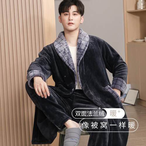 Bnj法兰绒睡袍男冬季加绒加厚中长珊款秋冬约休闲保瑚绒简袍SMJRf