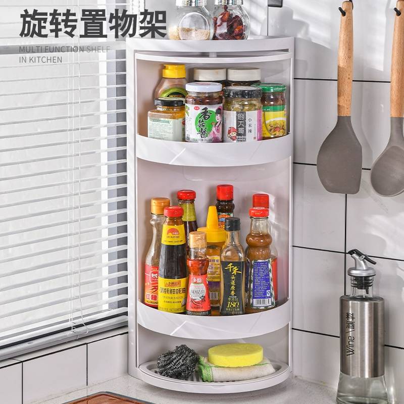 S588厨房旋转置物架台面壁挂三角转角柜调料调味品收纳架密封防尘