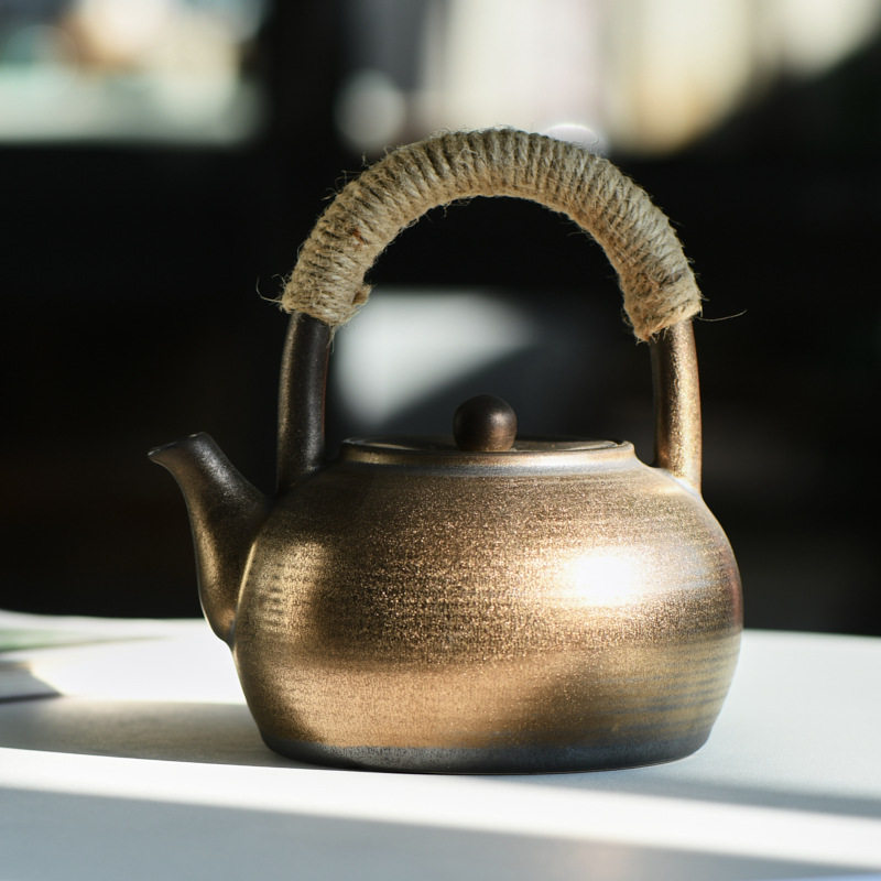 日式粗陶提梁壶 创意麻绳把手隔热大号泡茶壶 洒金釉窑变陶瓷单壶