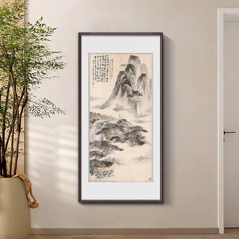 张大千招财山水画玄关装饰画国画走廊过道尽头墙面档竖版新中式