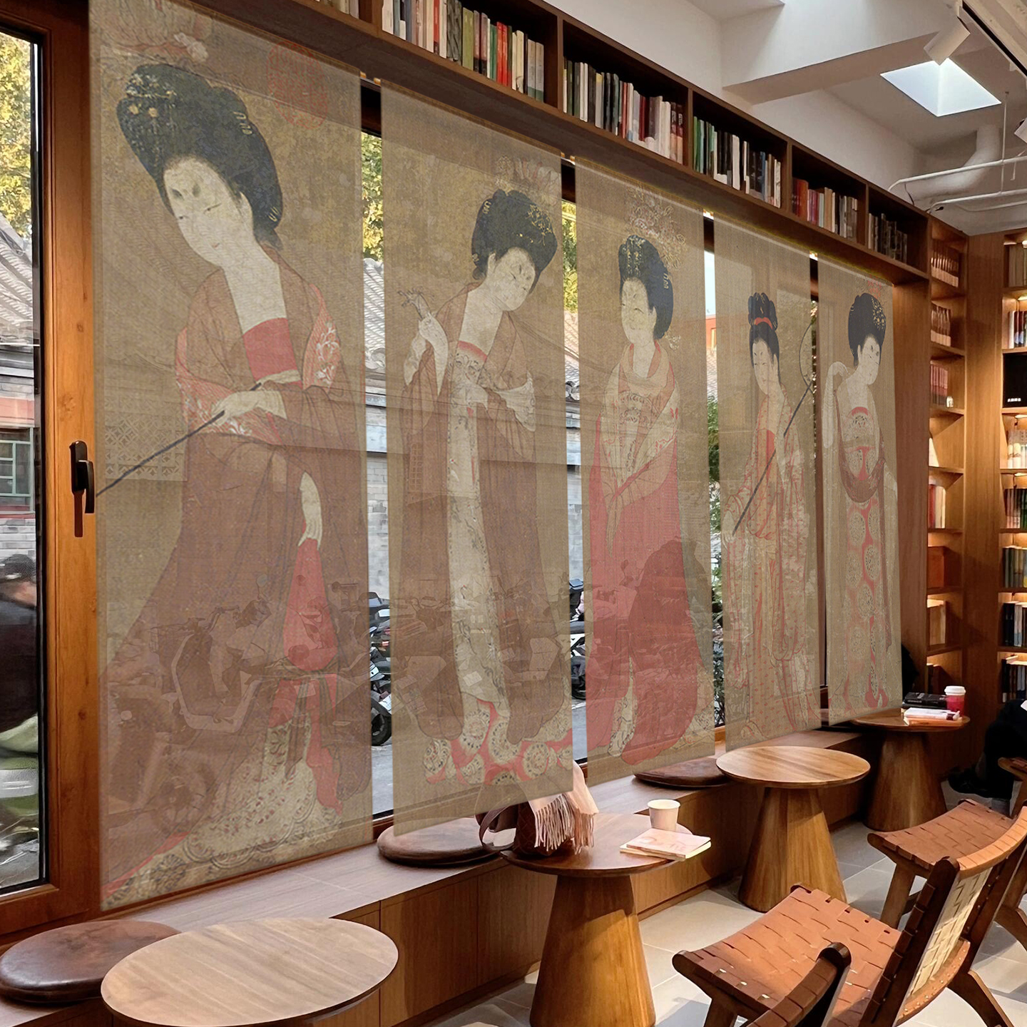 定制仕女图中式纱幔挂布展厅美陈墙面装饰布幔国风布置背景布吊幔