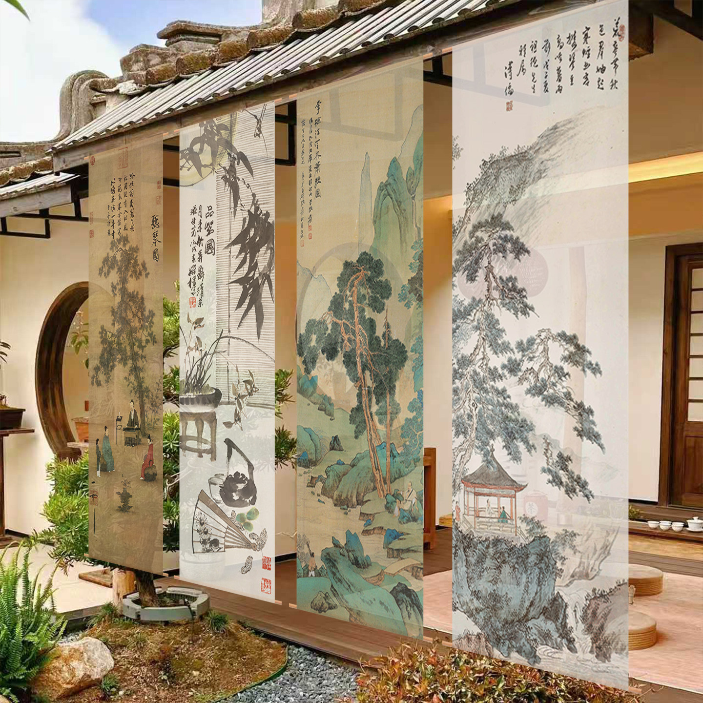 国风山水墨画半透明纱幔挂布墙面