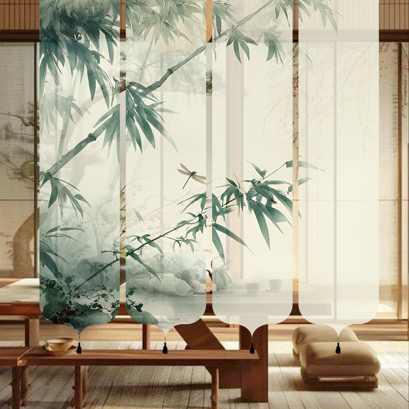 定制竹子中式纱幔挂布墙面背景布