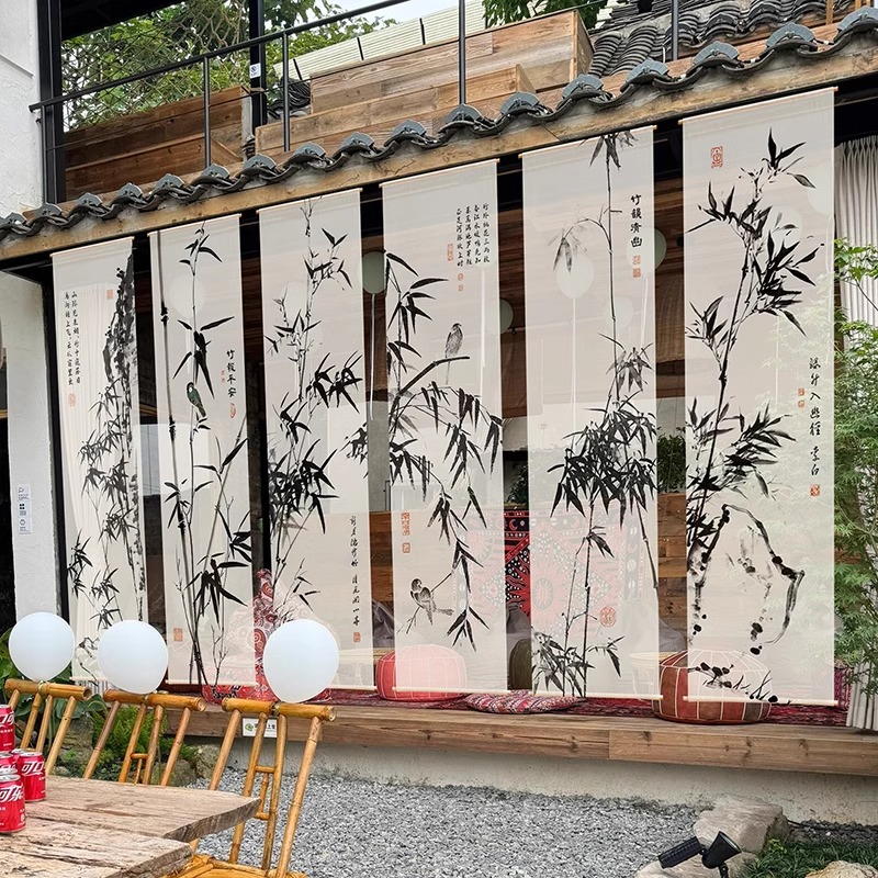 中式水墨竹半透纱幔挂布墙面装饰