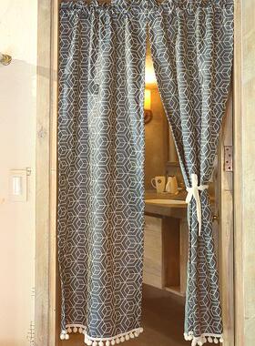 鸢尾乡旅免打孔北欧藏蓝色几何窗帘门帘半帘柜子帘可定制穿杆粘贴