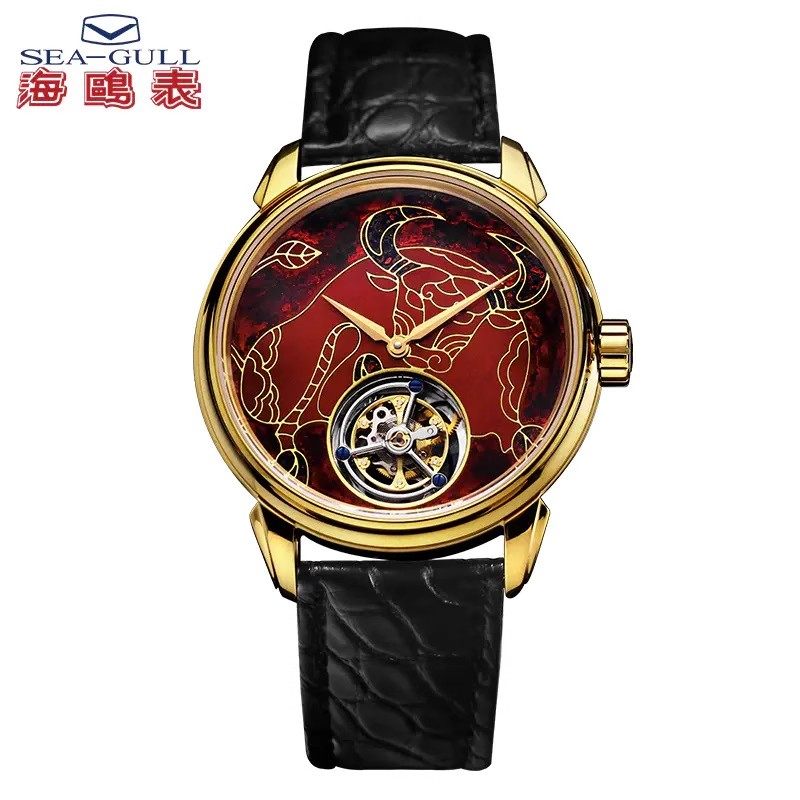 海鸥手表男士大漆工艺牛转乾坤手动机械表男表陀飞轮7052
