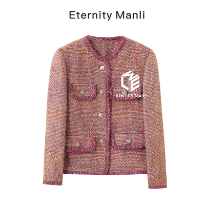 Manil 秋冬气质高级圆领粉紫色羊毛呢名媛千金风外套小香风9055