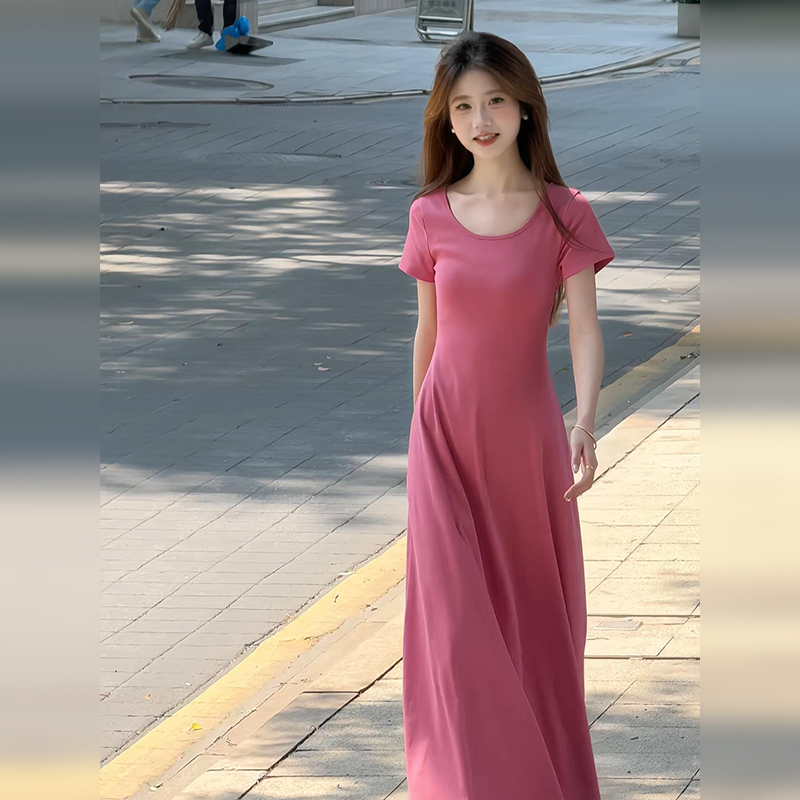 纯色修身短袖t恤连衣裙子女夏季2025新款小个子气质收腰显瘦长裙