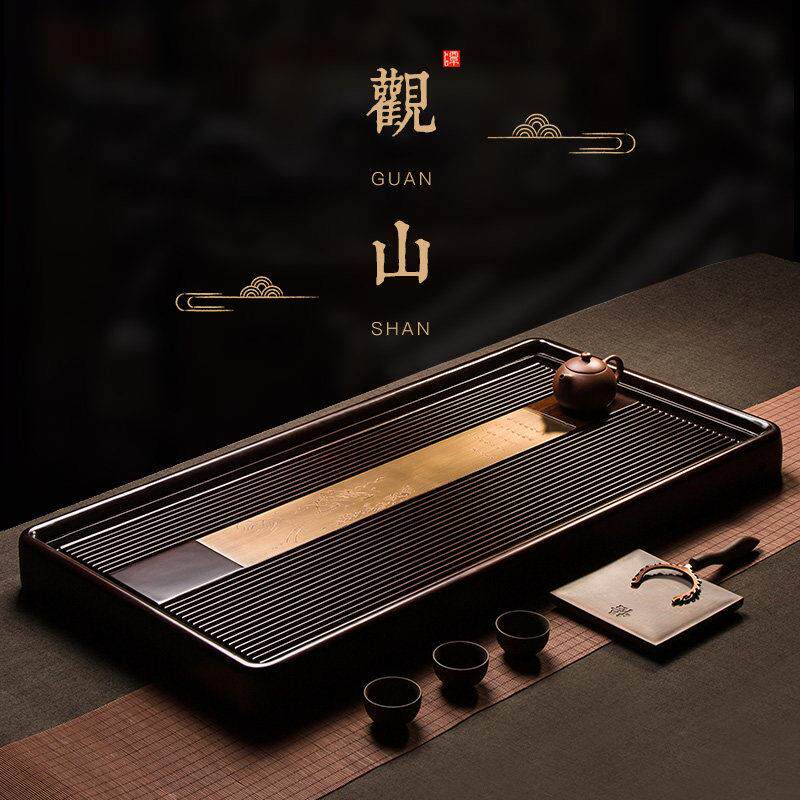 咏瓷乌檀木茶盘轻奢现代40支电木茶台整块实木家用高档办公大茶海