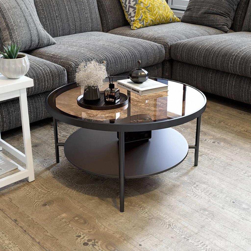 极简轻奢圆形铁艺钢化玻璃黑色大茶几客厅家用岩板轻奢简约小户型