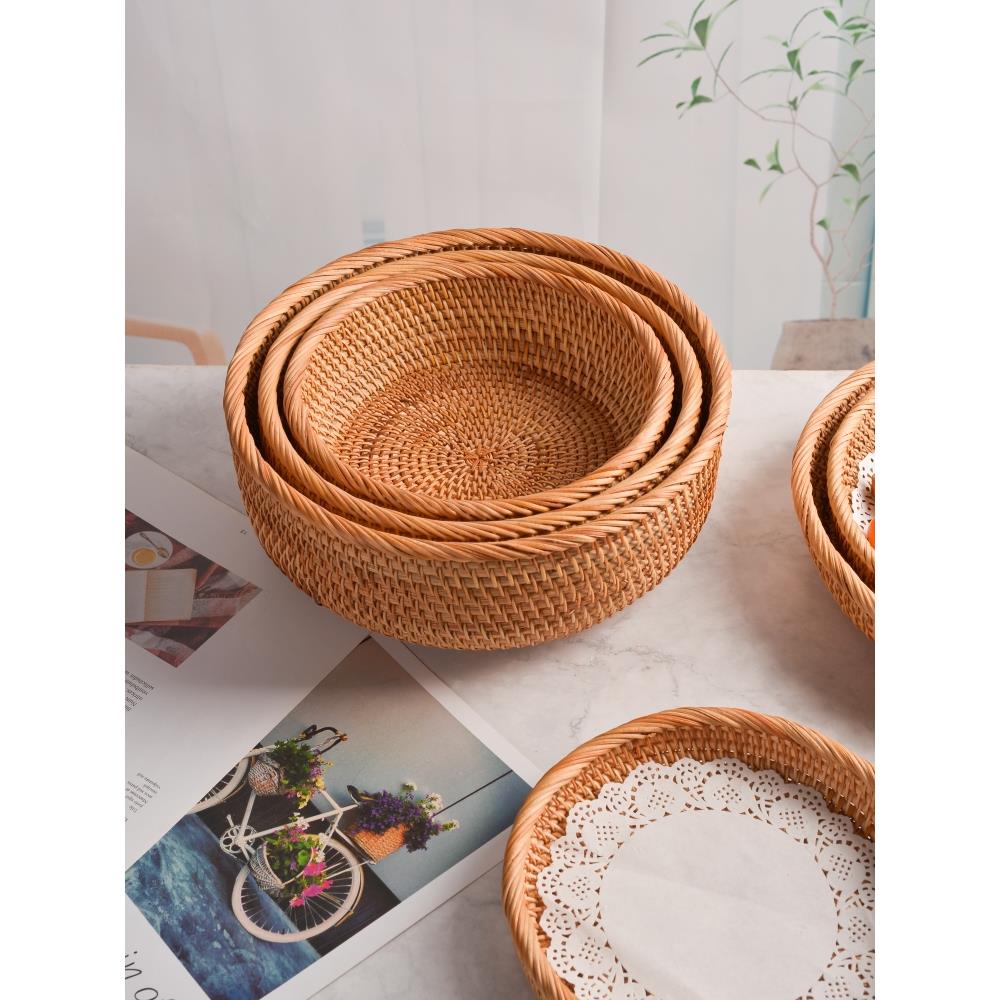 越南手工藤编水果篮竹编收纳筐托盘客厅家用馒头筐圆形简约水果盘