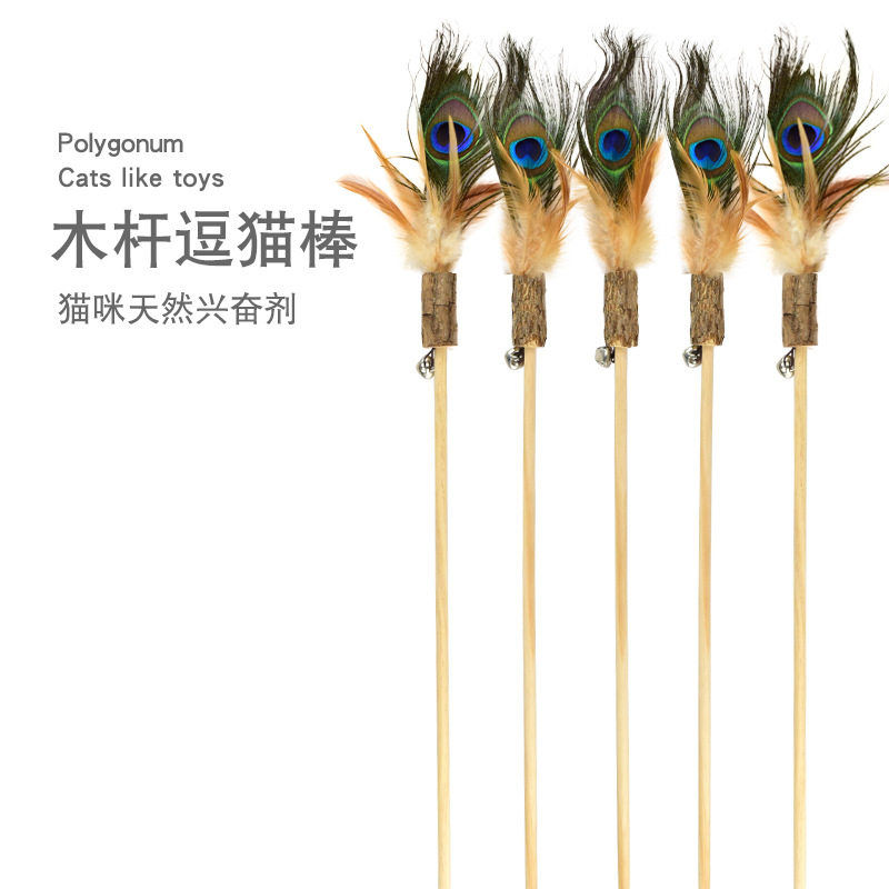 工厂直销木杆孔雀羽毛逗猫棒啃咬磨牙木天蓼棒逗猫杆猫咪玩具图片