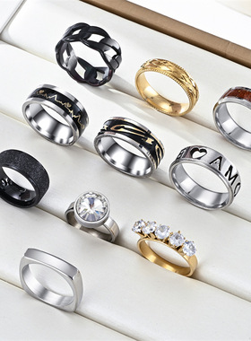 跨境不掉色精致朋克钛钢复古印花指环不锈钢精抛光戒指厂家批发