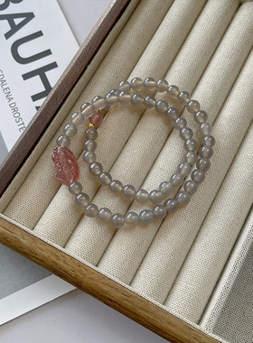 【粉墨登场】天然灰玛瑙草莓晶貔貅双圈手链女新中式简约文艺手串