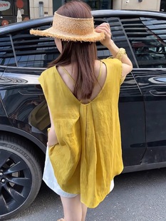 法式 宽松上衣女夏高级感后背交叉镂空慵懒风T恤 减龄棉麻无袖 薄款