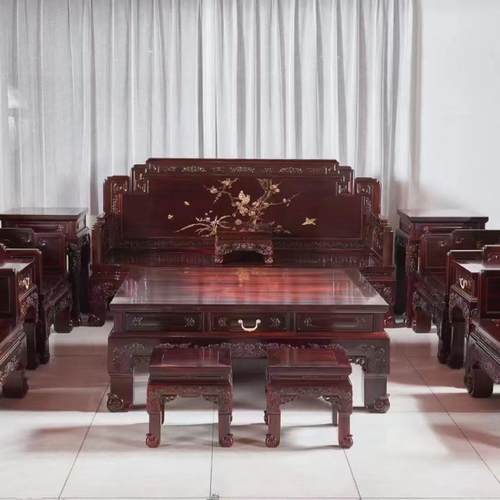 老挝大红酸枝牡丹花百鸟朝凤沙发十九件套古典红木家具实木沙发