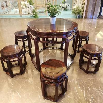 红木家具老挝大红酸枝六角圆桌茶桌休闲桌七件套交趾黄檀实木家具