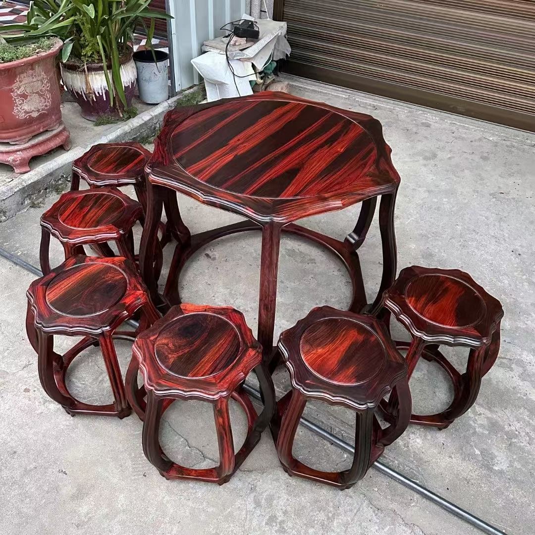 老挝大红酸枝交趾黄檀中式五子登科圆餐桌圆鼓凳休闲桌红木家具