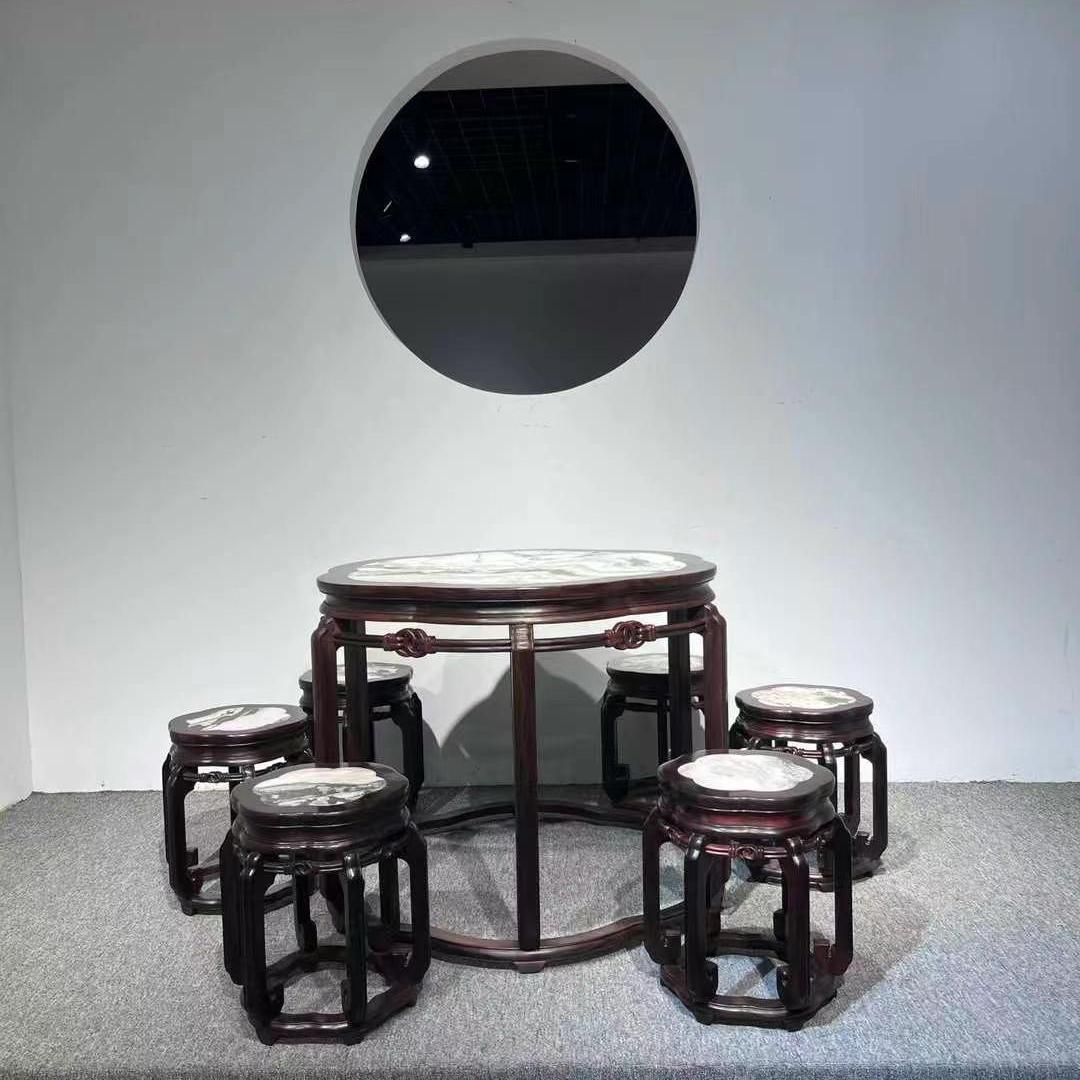 红木家具红酸枝五子登科圆桌明清古典实木休闲桌交趾黄檀镶嵌云石